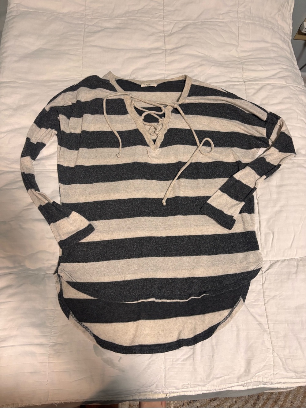 Promesa Striped Lace-Up Long Sleeve Top in Black and Cream